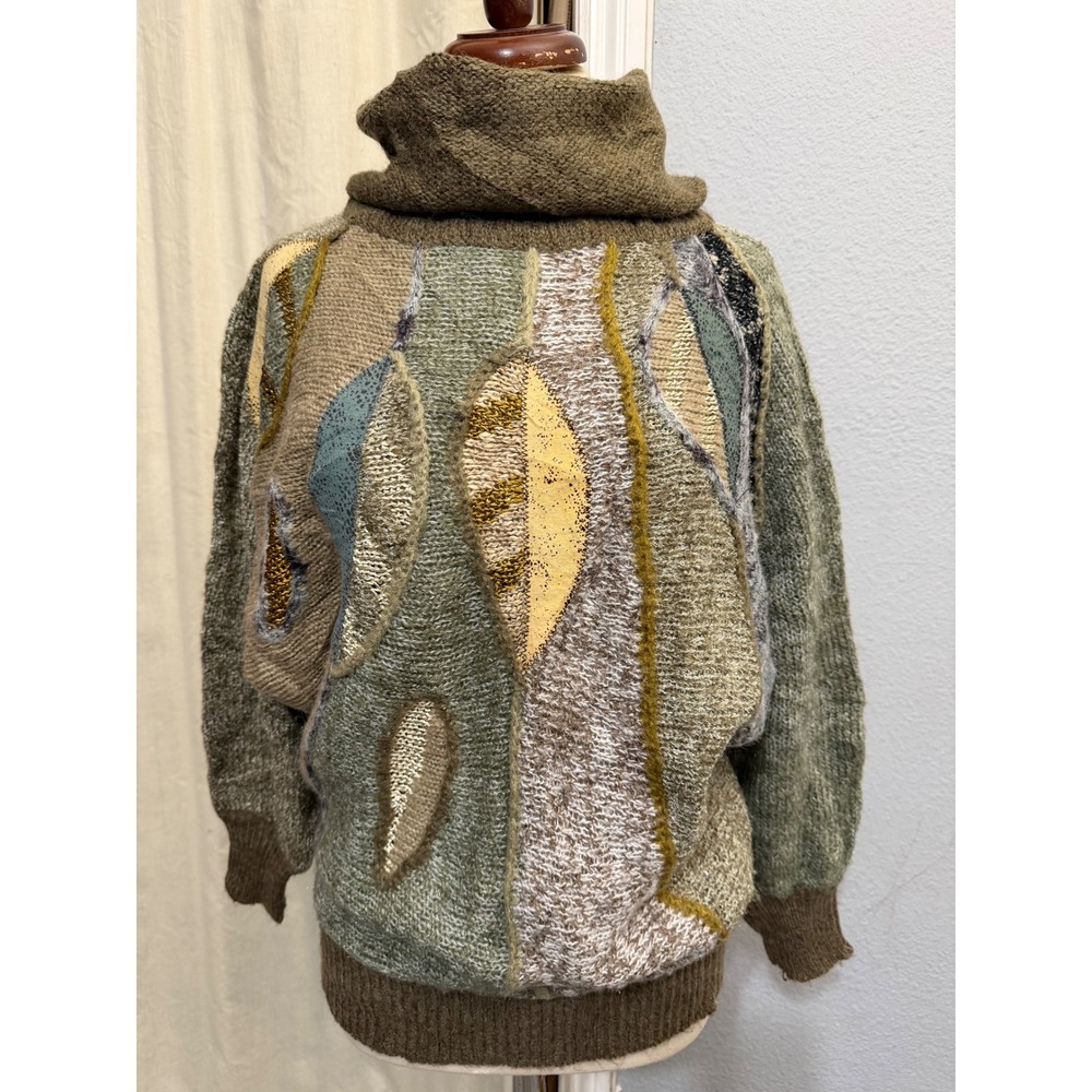Vintage Mariea Kim 80s Sweater L Abstract Intarsia Slouchy Turtleneck Batwing